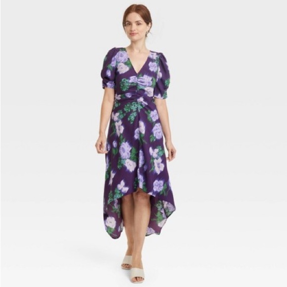 NWT A New Day Purple Floral Ruched Puff Sleeve High Low Midi Dress Women’s M